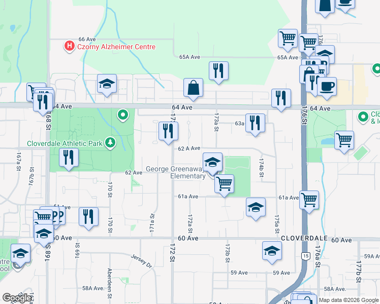 map of restaurants, bars, coffee shops, grocery stores, and more near 17254 62 A Avenue in Surrey