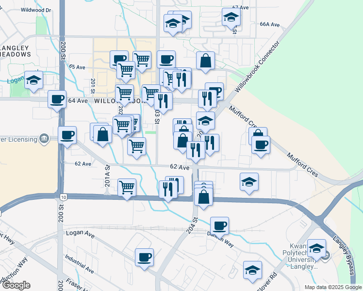 map of restaurants, bars, coffee shops, grocery stores, and more near 20363 62 Avenue in Langley Township