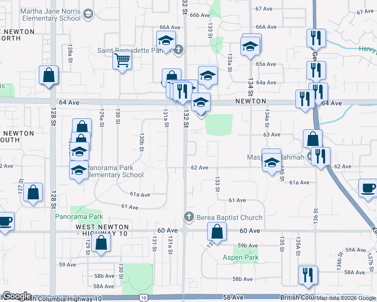 map of restaurants, bars, coffee shops, grocery stores, and more near 6254 132 Street in Surrey