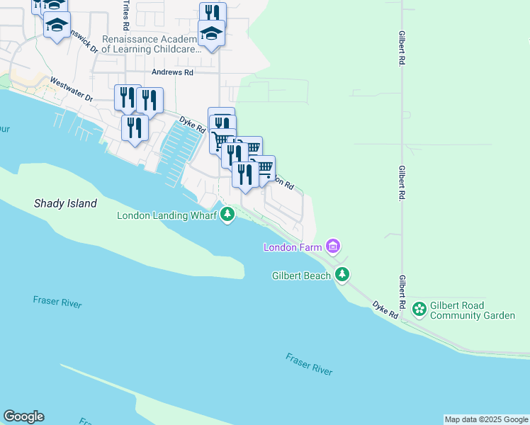 map of restaurants, bars, coffee shops, grocery stores, and more near 13333 Princess Street in Richmond