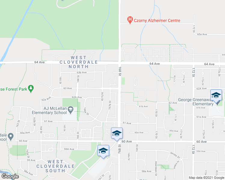 map of restaurants, bars, coffee shops, grocery stores, and more near 16774 63 Avenue in Surrey