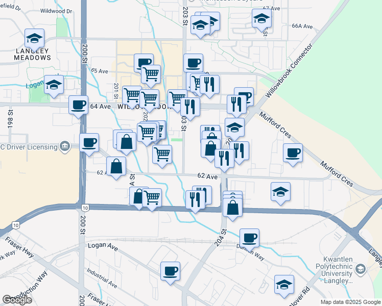 map of restaurants, bars, coffee shops, grocery stores, and more near in Langley