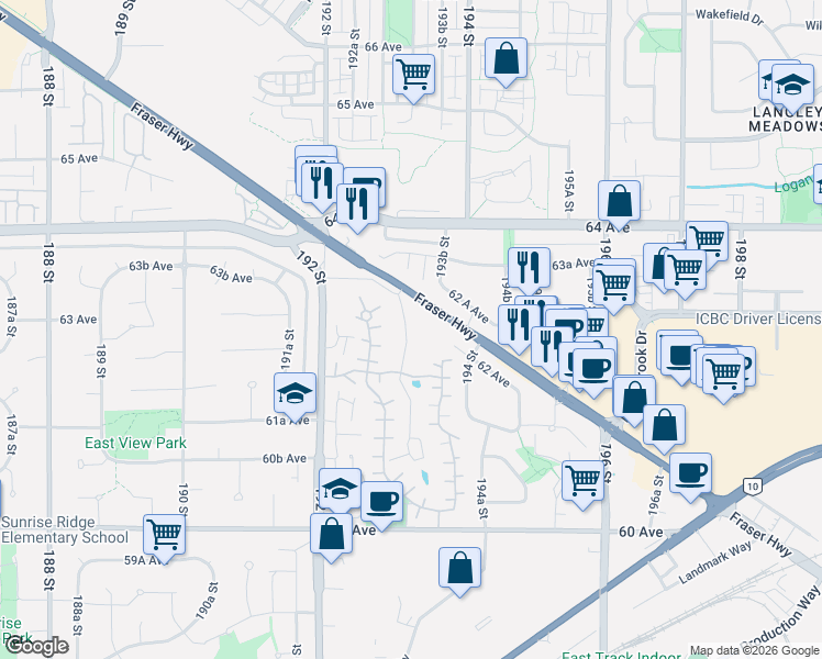 map of restaurants, bars, coffee shops, grocery stores, and more near in Surrey