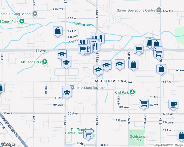 map of restaurants, bars, coffee shops, grocery stores, and more near 6299 144 Street in Surrey