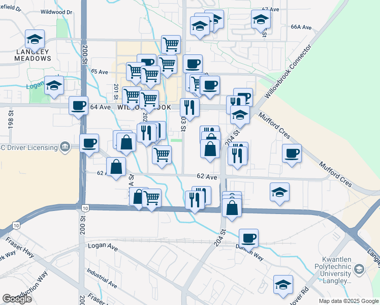 map of restaurants, bars, coffee shops, grocery stores, and more near in Langley