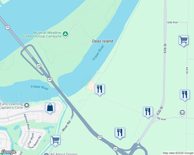 map of restaurants, bars, coffee shops, grocery stores, and more near 5825 60 Avenue in Delta