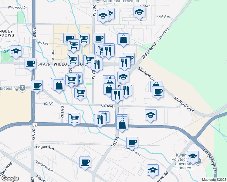 map of restaurants, bars, coffee shops, grocery stores, and more near 20363 62 Avenue in Langley Township