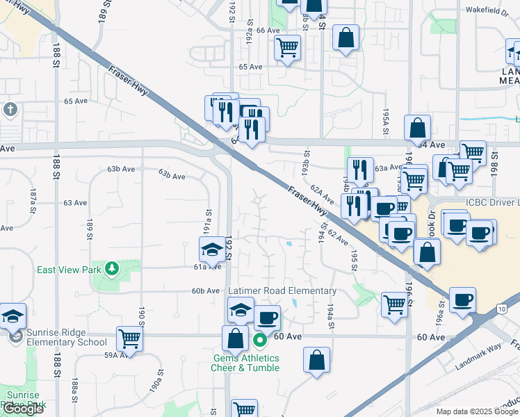 map of restaurants, bars, coffee shops, grocery stores, and more near 6274 Greenside Drive West in Surrey