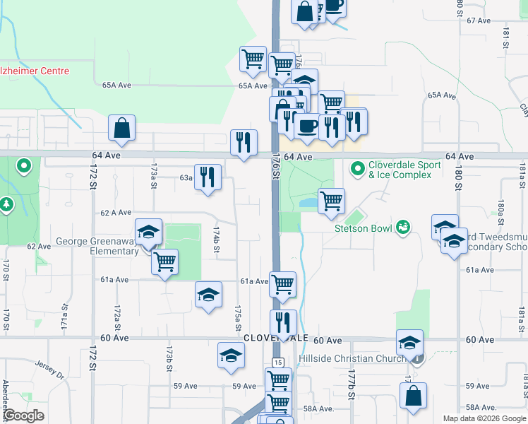 map of restaurants, bars, coffee shops, grocery stores, and more near 6282 175B Street in Surrey