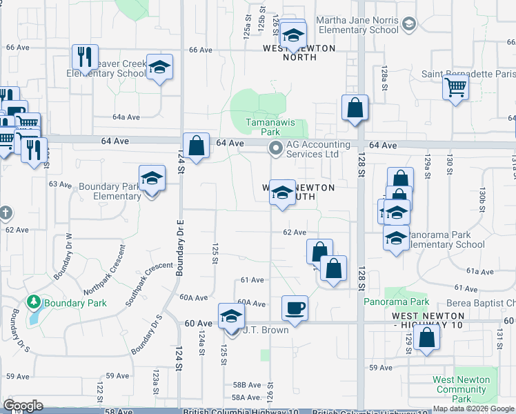 map of restaurants, bars, coffee shops, grocery stores, and more near 12572 62B Avenue in Surrey