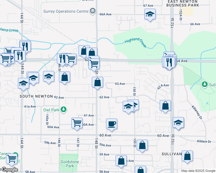 map of restaurants, bars, coffee shops, grocery stores, and more near 14853 62A Avenue in Surrey