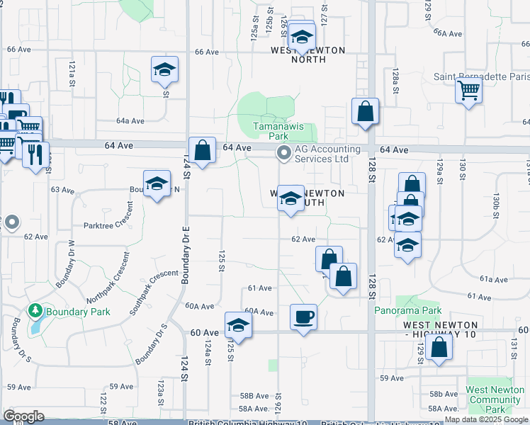 map of restaurants, bars, coffee shops, grocery stores, and more near 12572 62B Avenue in Surrey