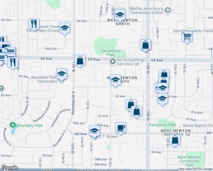 map of restaurants, bars, coffee shops, grocery stores, and more near 12582 62B Avenue in Surrey