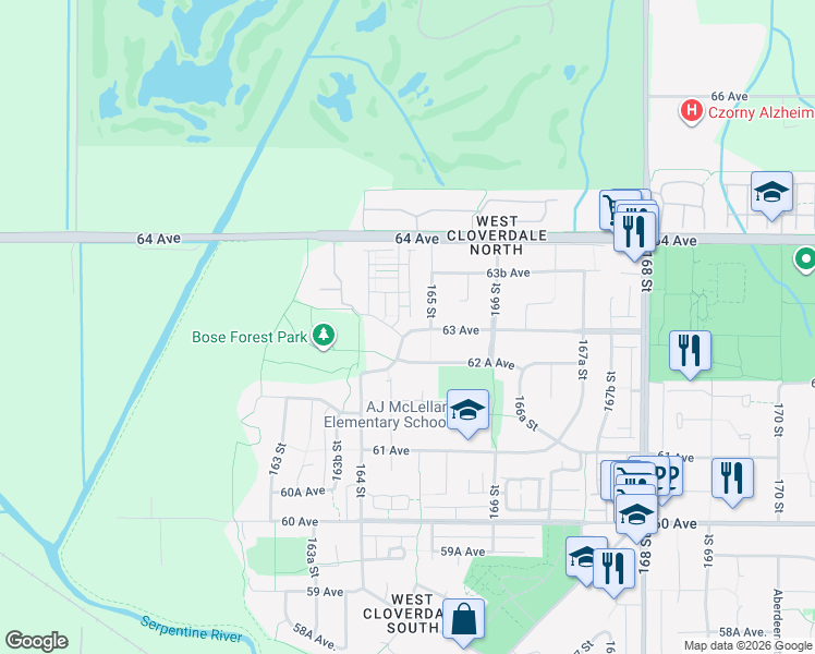 map of restaurants, bars, coffee shops, grocery stores, and more near 16482 63 Avenue in Surrey