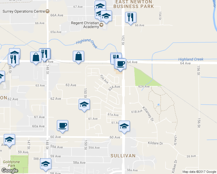 map of restaurants, bars, coffee shops, grocery stores, and more near in Surrey