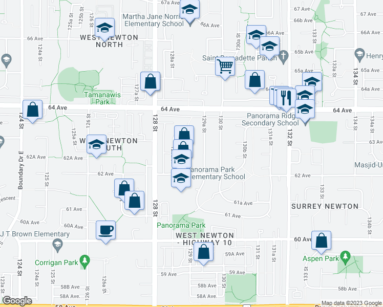 map of restaurants, bars, coffee shops, grocery stores, and more near 6268 129 Street in Surrey