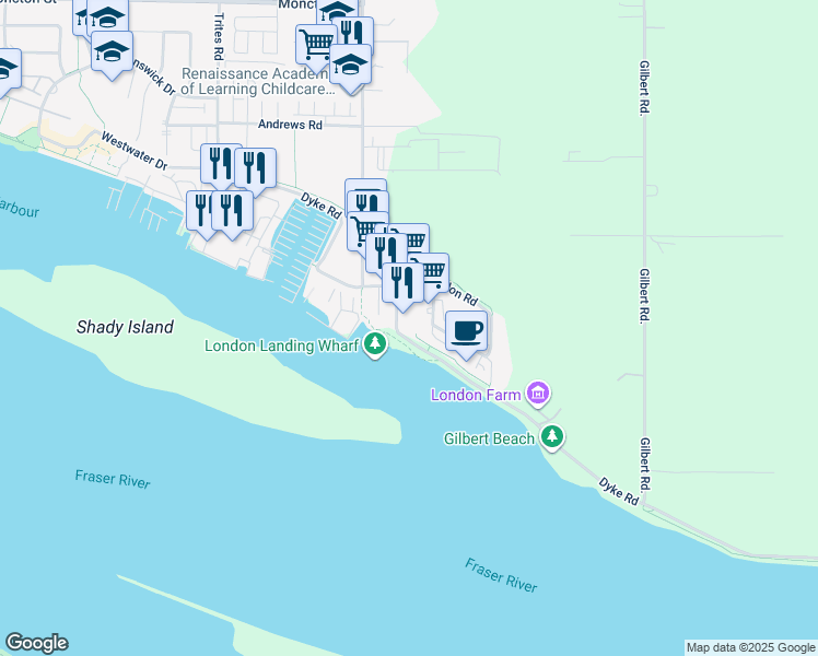 map of restaurants, bars, coffee shops, grocery stores, and more near 6111 Dyke Road in Richmond