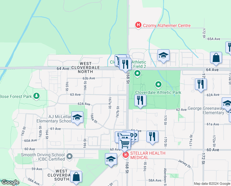map of restaurants, bars, coffee shops, grocery stores, and more near 6303 167B Street in Surrey