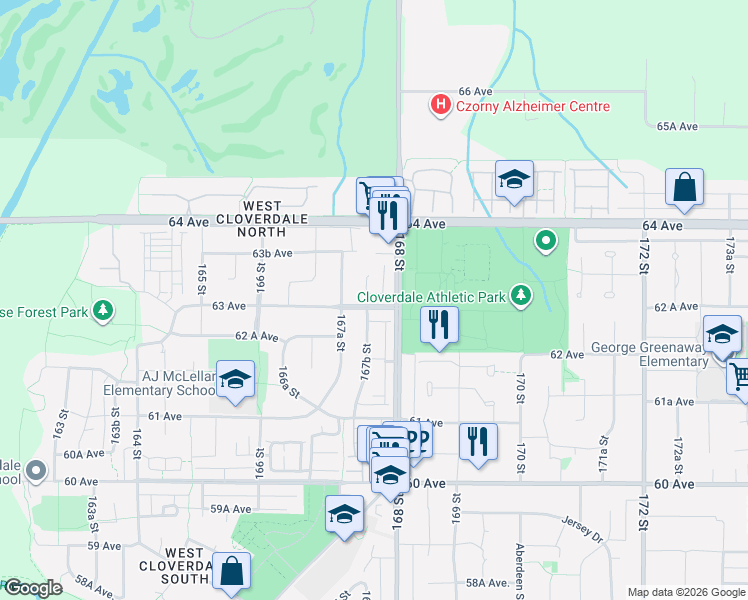 map of restaurants, bars, coffee shops, grocery stores, and more near 16773 63 Avenue in Surrey