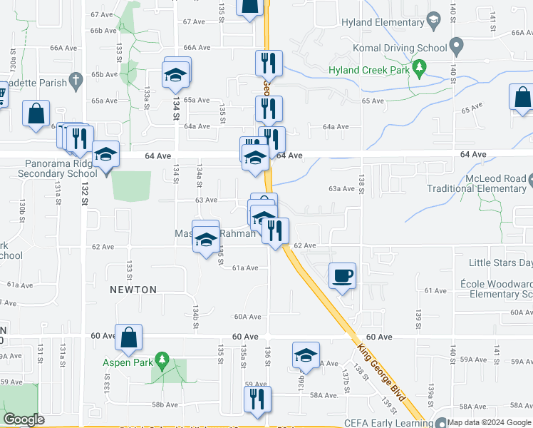 map of restaurants, bars, coffee shops, grocery stores, and more near in Surrey