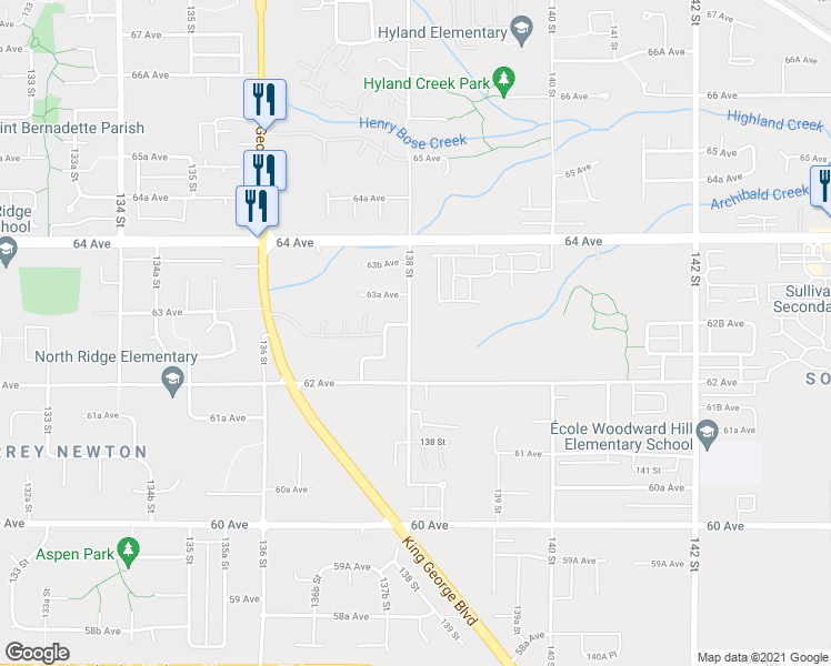 map of restaurants, bars, coffee shops, grocery stores, and more near 6268 138 Street in Surrey