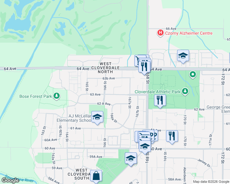 map of restaurants, bars, coffee shops, grocery stores, and more near 6312 166A Street in Surrey