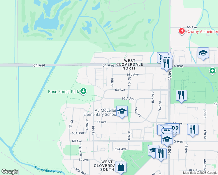 map of restaurants, bars, coffee shops, grocery stores, and more near 16482 63 Avenue in Surrey