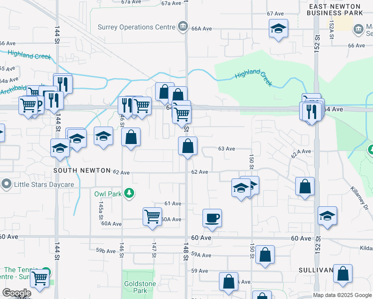 map of restaurants, bars, coffee shops, grocery stores, and more near 148 Street & 63 Avenue in Surrey