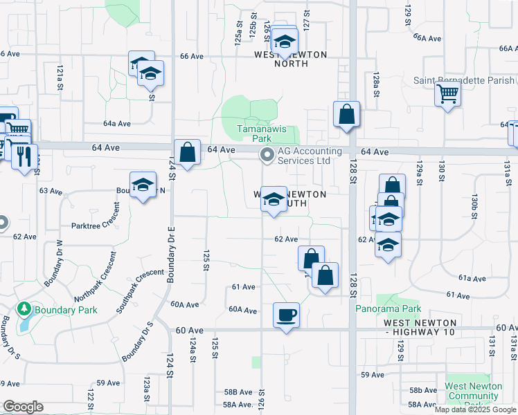 map of restaurants, bars, coffee shops, grocery stores, and more near 12635 63 Avenue in Surrey