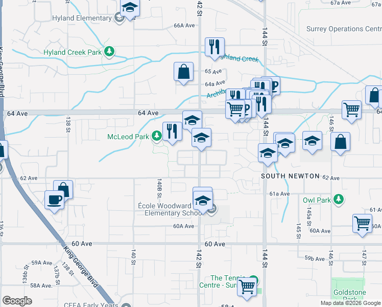 map of restaurants, bars, coffee shops, grocery stores, and more near 14188 62B Avenue in Surrey