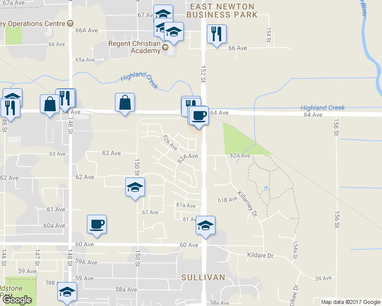 map of restaurants, bars, coffee shops, grocery stores, and more near in Surrey