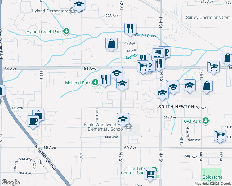 map of restaurants, bars, coffee shops, grocery stores, and more near 6308 142 Street in Surrey