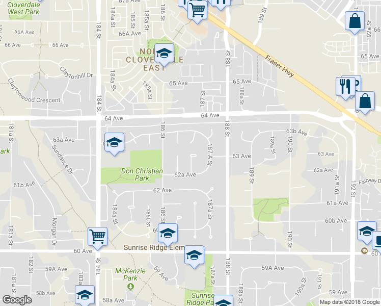 map of restaurants, bars, coffee shops, grocery stores, and more near 6289 187 Street in Surrey