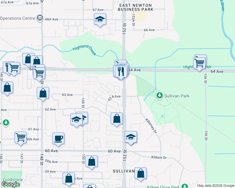 map of restaurants, bars, coffee shops, grocery stores, and more near 60 62A Avenue in Surrey