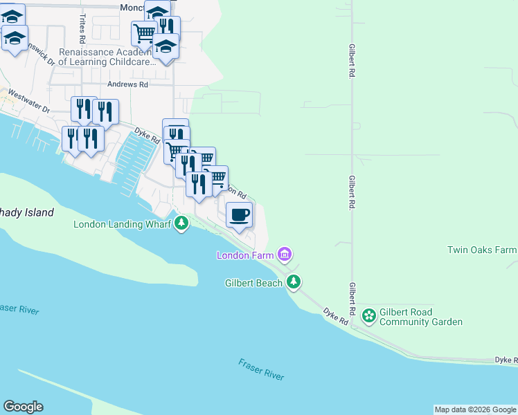 map of restaurants, bars, coffee shops, grocery stores, and more near 6371 London Road in Richmond