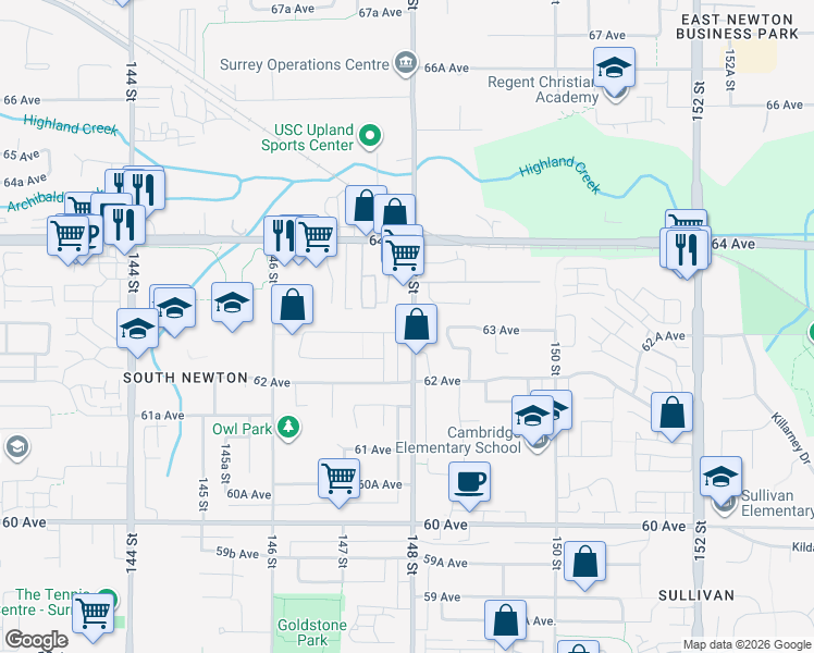 map of restaurants, bars, coffee shops, grocery stores, and more near 14799 63 Avenue in Surrey