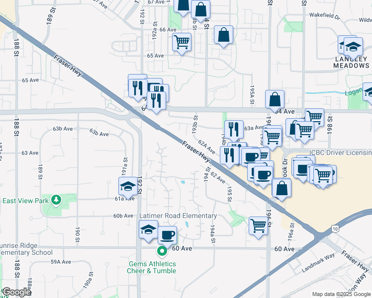 map of restaurants, bars, coffee shops, grocery stores, and more near in Surrey