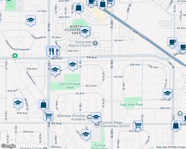 map of restaurants, bars, coffee shops, grocery stores, and more near 6289 187 Street in Surrey