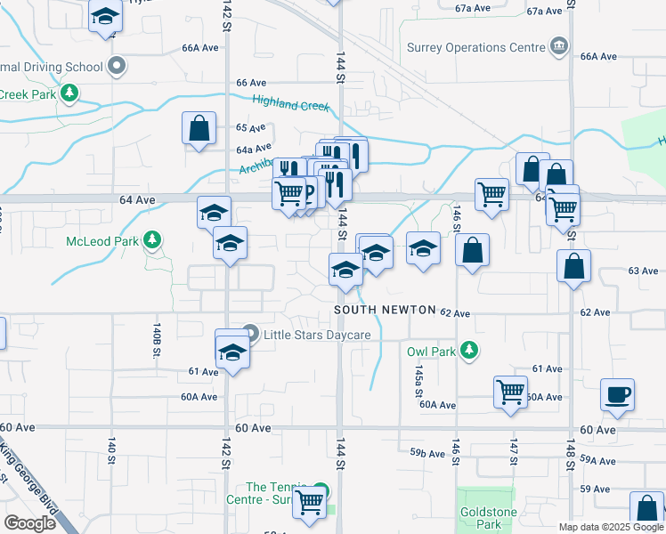 map of restaurants, bars, coffee shops, grocery stores, and more near 9 144 Street in Surrey