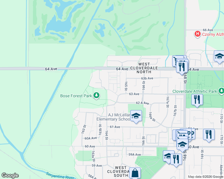 map of restaurants, bars, coffee shops, grocery stores, and more near 16488 64 Avenue in Surrey