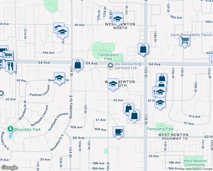 map of restaurants, bars, coffee shops, grocery stores, and more near 12599 62B Avenue in Surrey