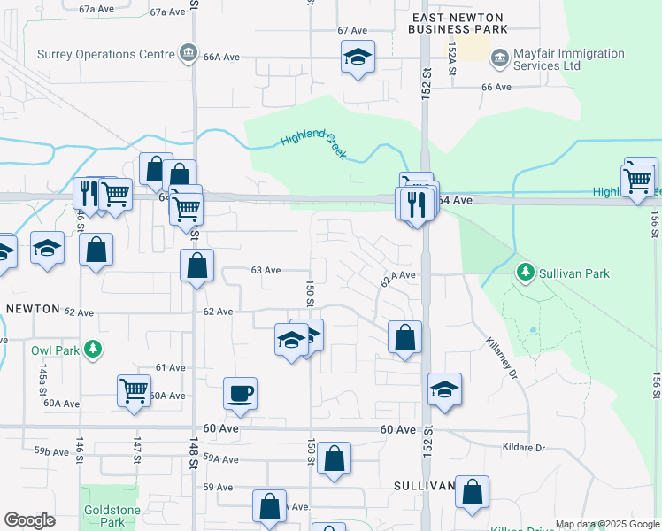map of restaurants, bars, coffee shops, grocery stores, and more near 6318 150A Street in Surrey