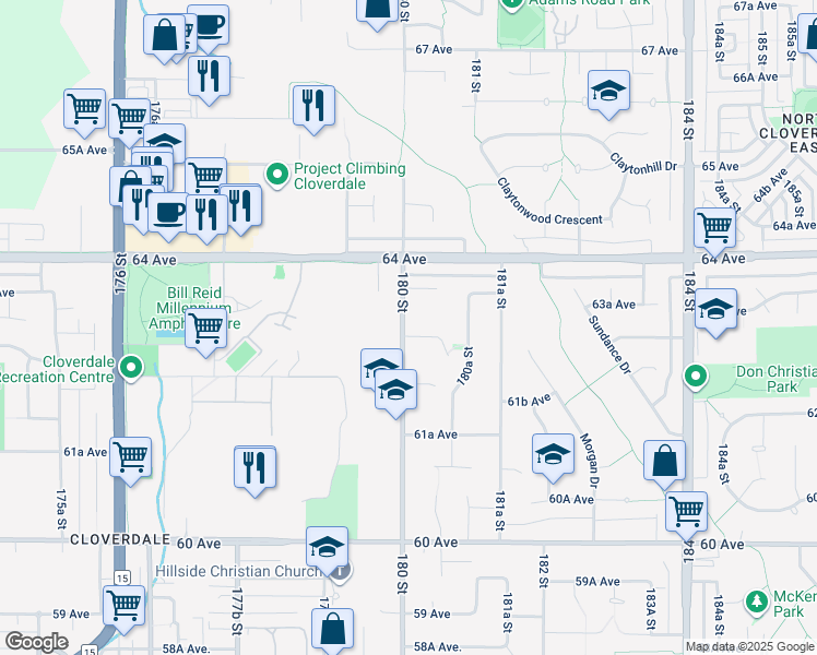 map of restaurants, bars, coffee shops, grocery stores, and more near 18009 63 Avenue in Surrey