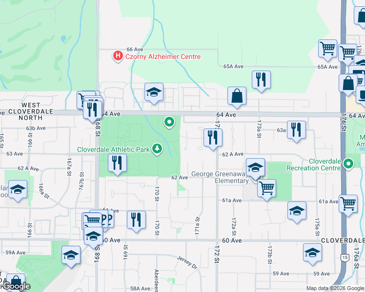 map of restaurants, bars, coffee shops, grocery stores, and more near 6279 171 Street in Surrey
