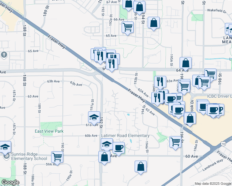 map of restaurants, bars, coffee shops, grocery stores, and more near 6292 Greenside Drive West in Surrey