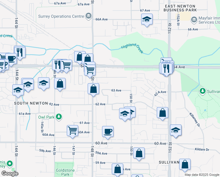 map of restaurants, bars, coffee shops, grocery stores, and more near 14881 63 Avenue in Surrey