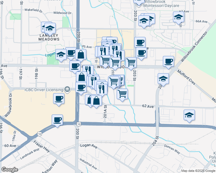 map of restaurants, bars, coffee shops, grocery stores, and more near 6375 202 Street in Langley