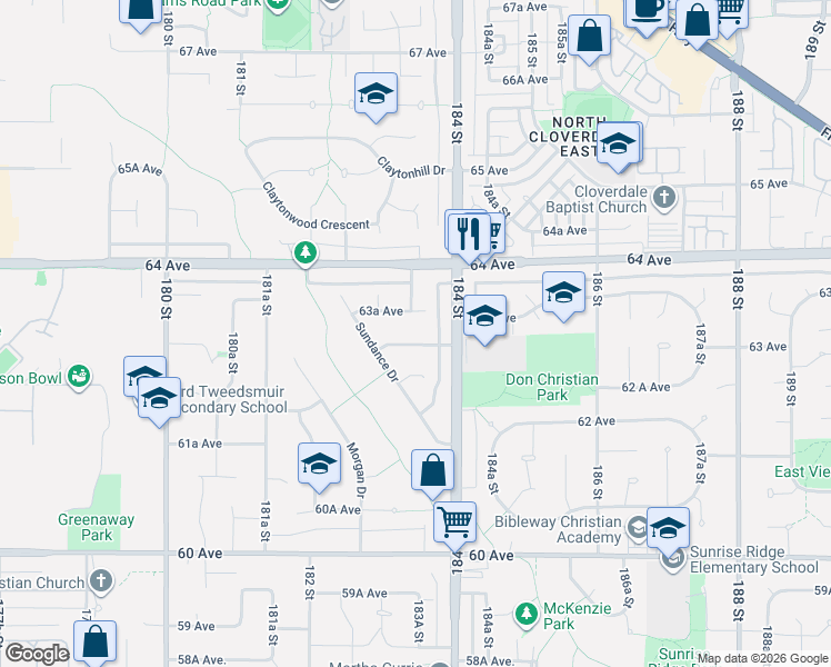 map of restaurants, bars, coffee shops, grocery stores, and more near 18339 63 Avenue in Surrey
