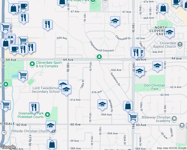 map of restaurants, bars, coffee shops, grocery stores, and more near 6296 181A Street in Surrey