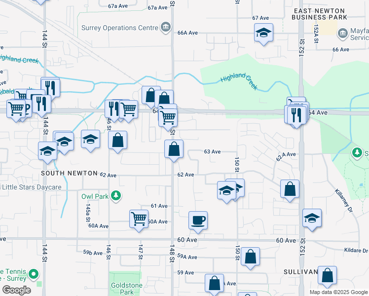 map of restaurants, bars, coffee shops, grocery stores, and more near in Surrey